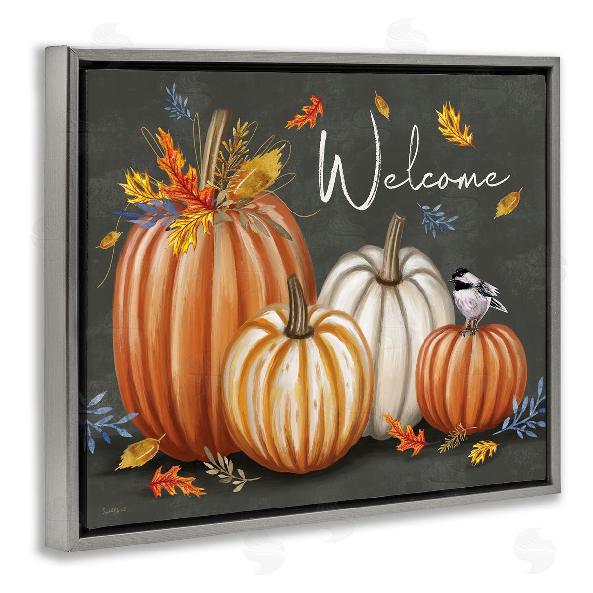 Welcome with Autumnal Pumpkins Grey Floating Frame Canvas Wall Art, Home Decor by Elizabeth Tyndall