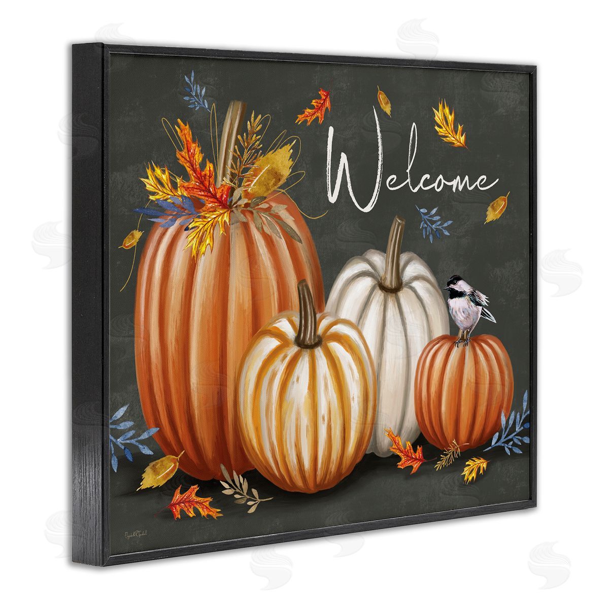 Welcome with Autumnal Pumpkins Black Frame Print Wall Art, Home Decor by Elizabeth Tyndall