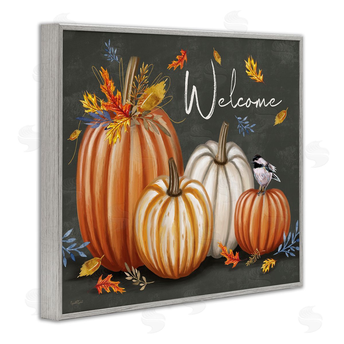 Welcome with Autumnal Pumpkins Grey Frame Print Wall Art, Home Decor by Elizabeth Tyndall