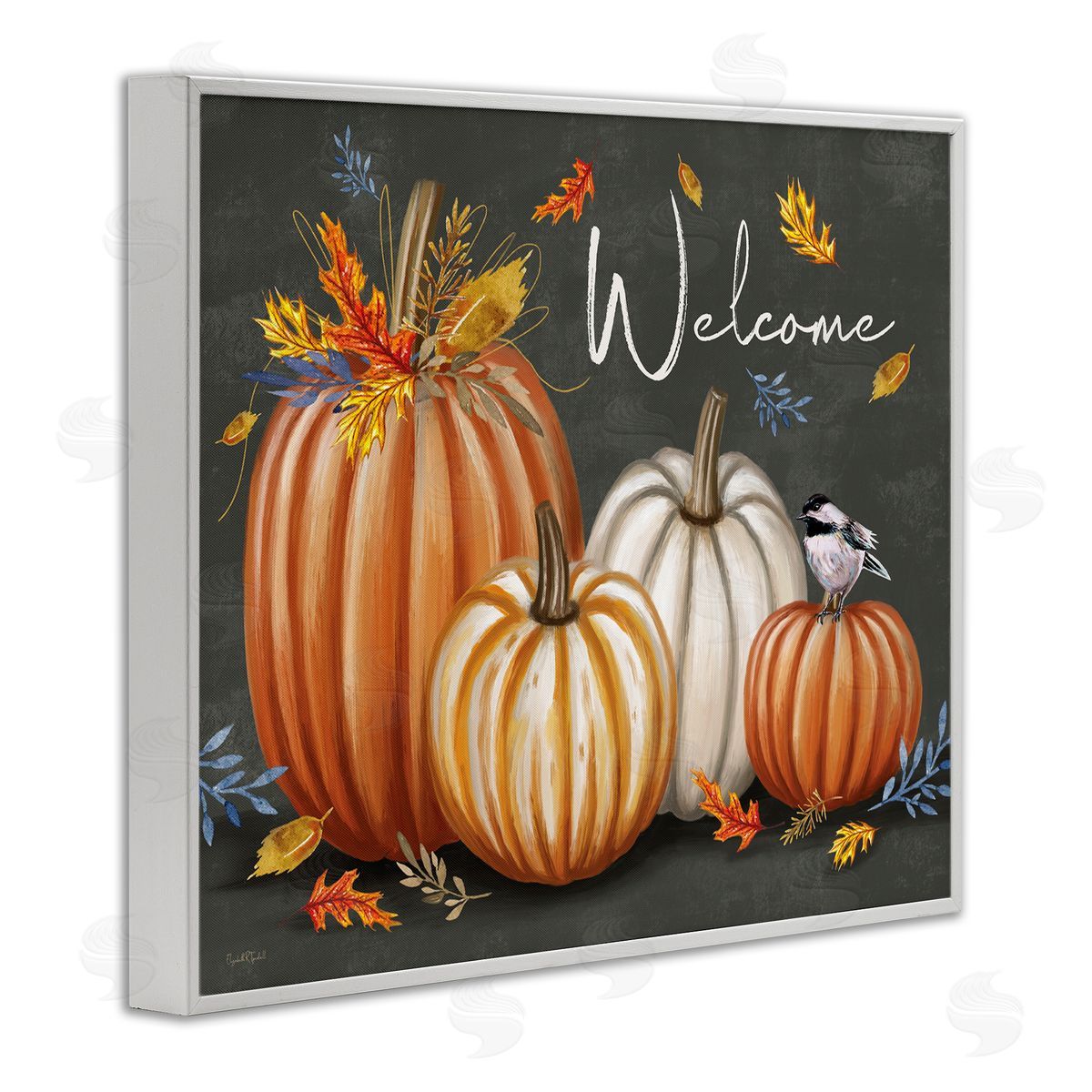 Welcome with Autumnal Pumpkins White Frame Print Wall Art, Home Decor by Elizabeth Tyndall