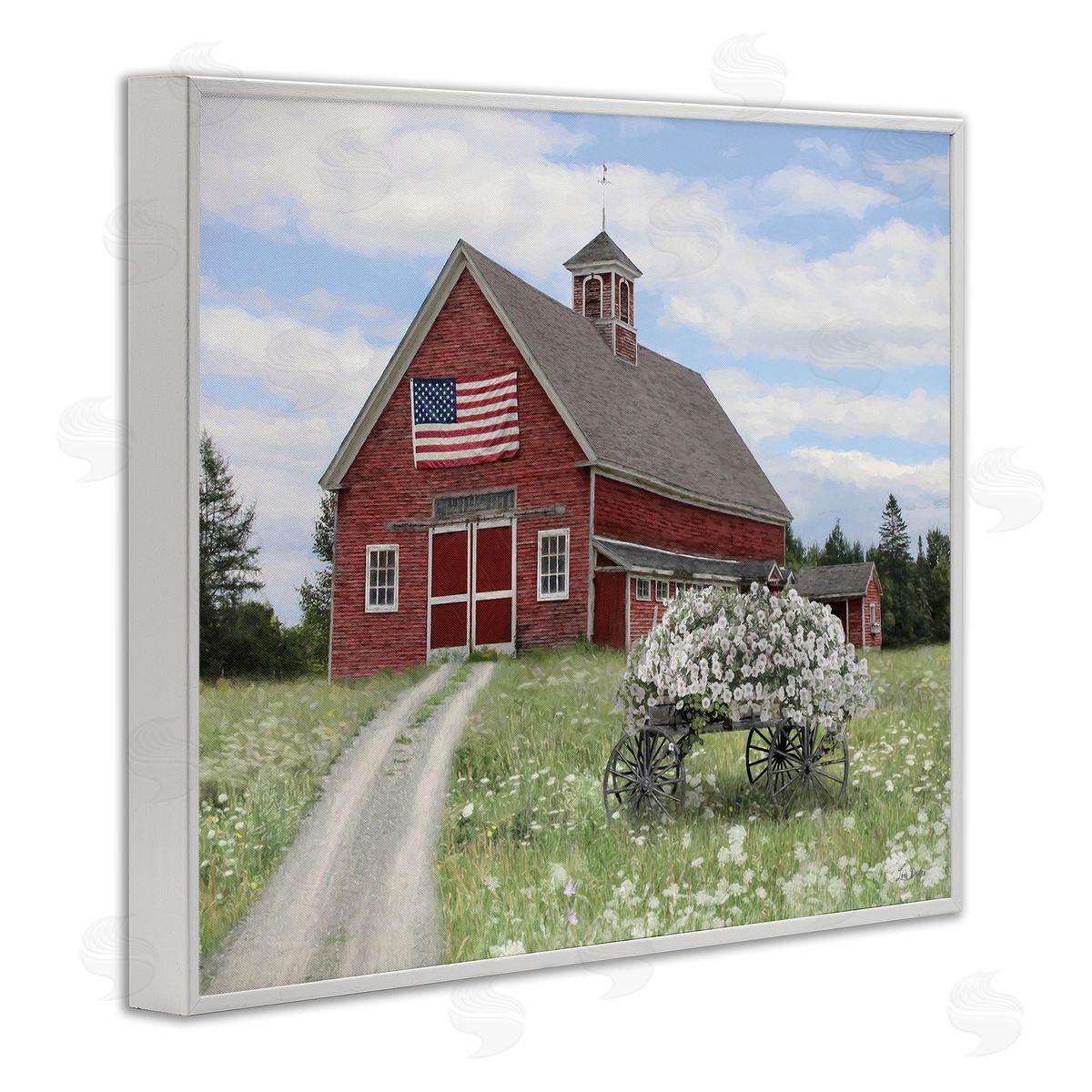 Barn with Floral Wagon White Frame Print Wall Art, Home Decor by Lori Deiter