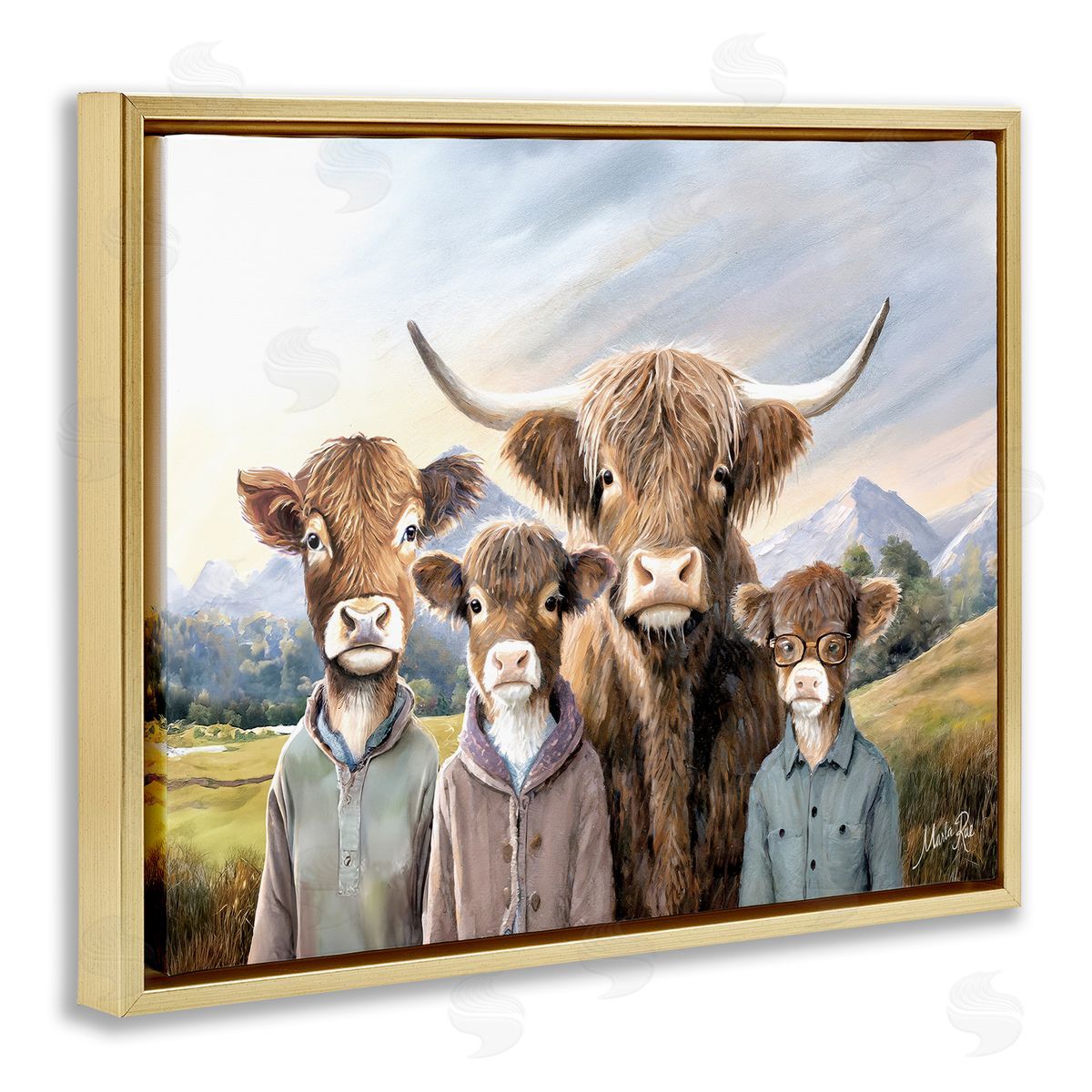 Cattle Family Portrait Gold Floating Frame Canvas Wall Art, Home Decor by Marla Rae