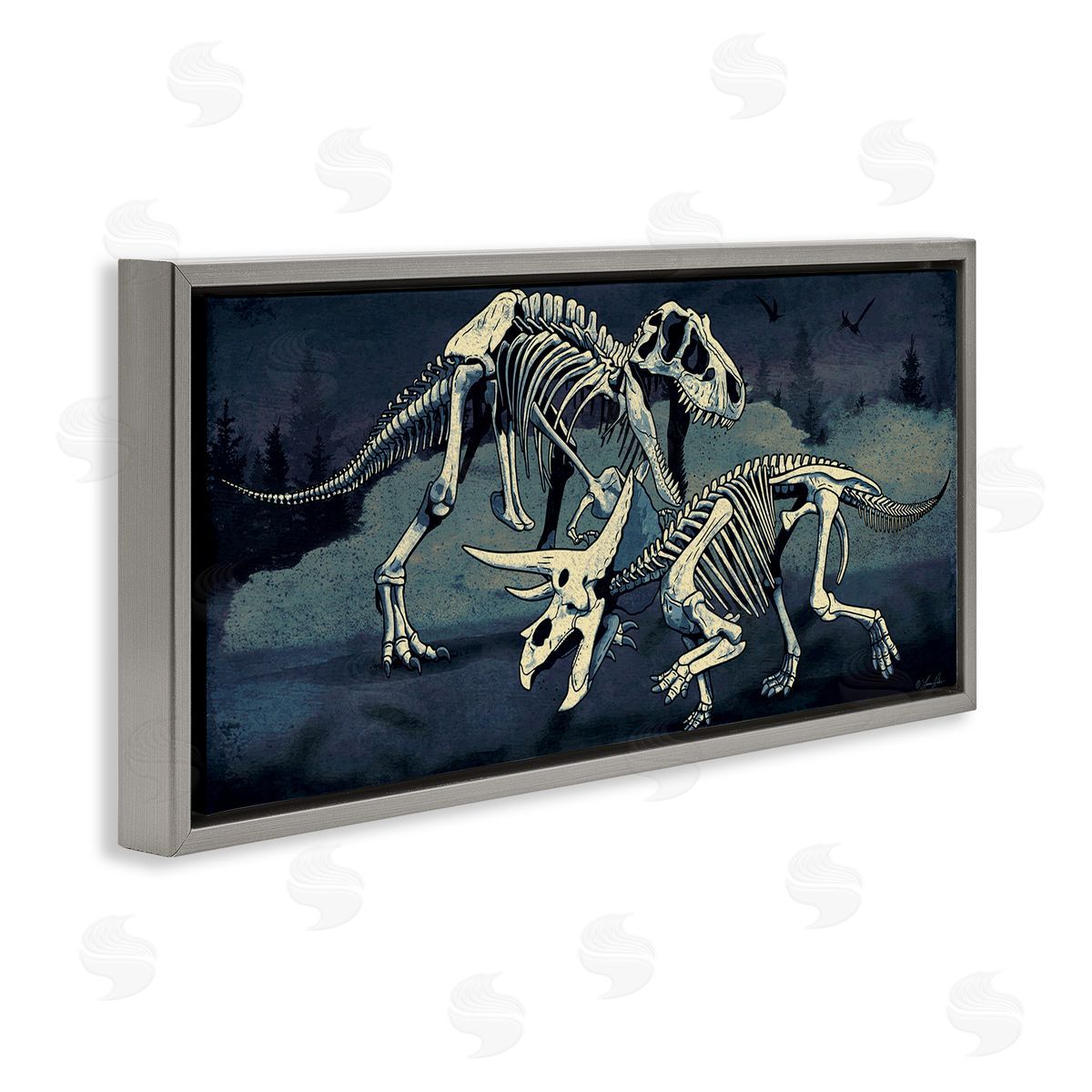 Dinosaur Skeletons Duo Grey Floating Frame Canvas Wall Art, Home Decor by Lauren Rader