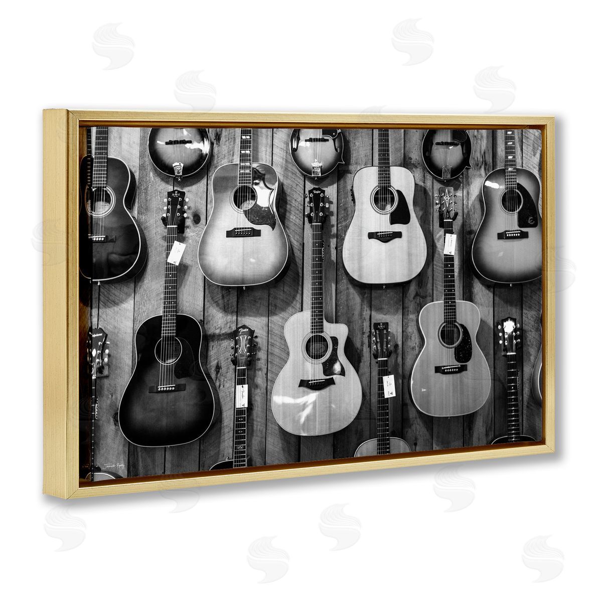 Acoustic Guitars Hanging Gold Floating Frame Canvas Wall Art, Home Decor by Jennifer Rigsby