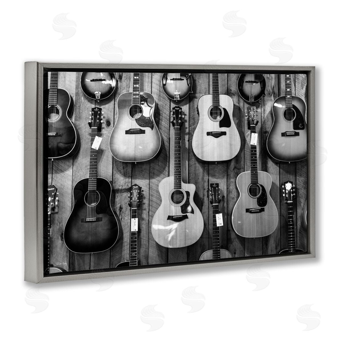 Acoustic Guitars Hanging Grey Floating Frame Canvas Wall Art, Home Decor by Jennifer Rigsby
