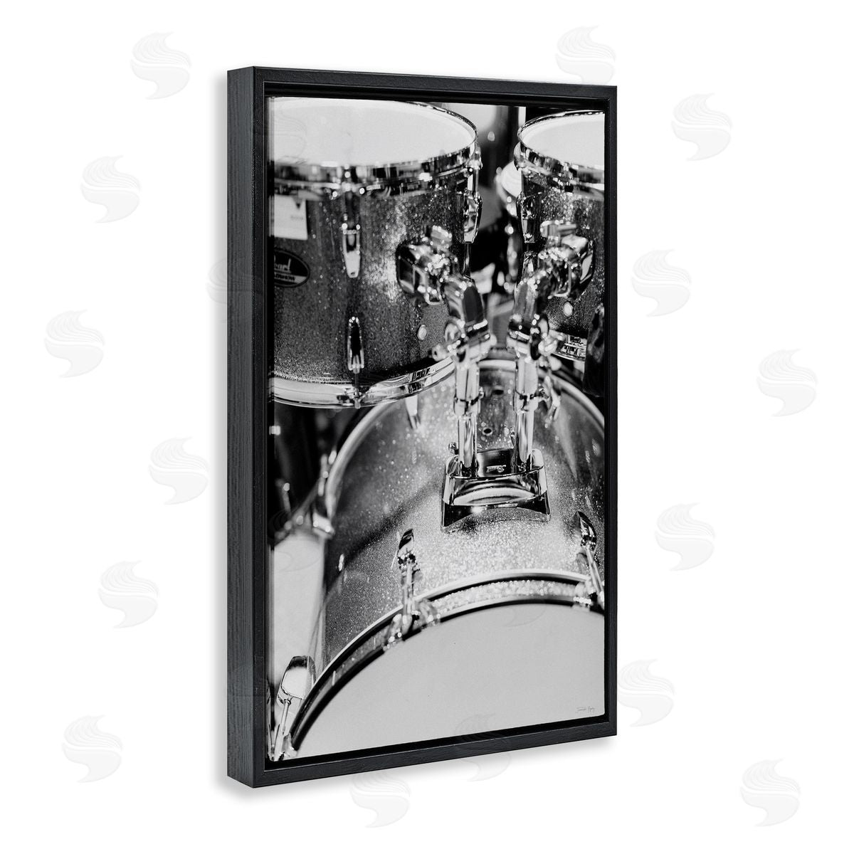Drum Set Black & White Black Floating Frame Canvas Wall Art, Home Decor by Jennifer Rigsby