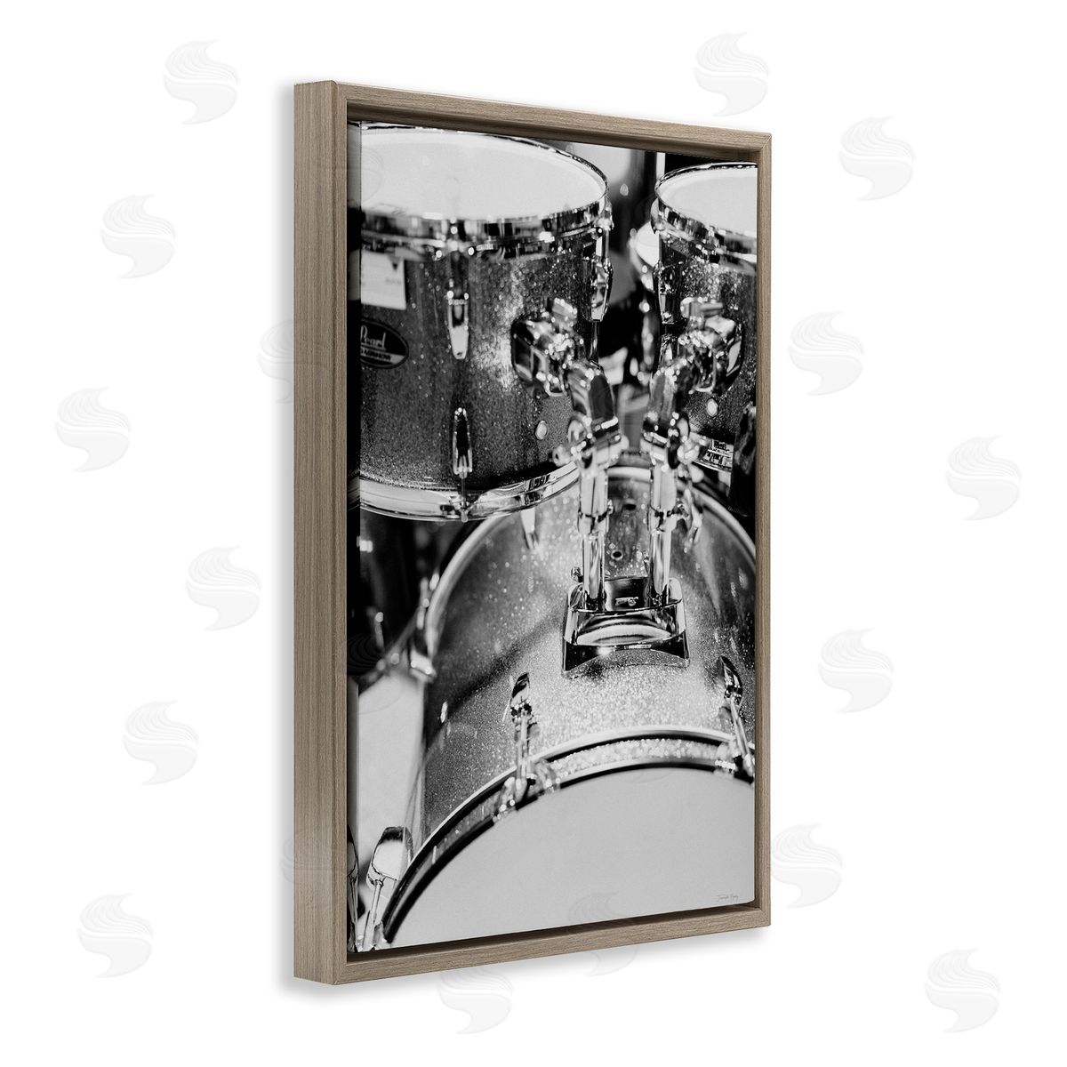 Drum Set Black & White Brown Floating Frame Canvas Wall Art, Home Decor by Jennifer Rigsby