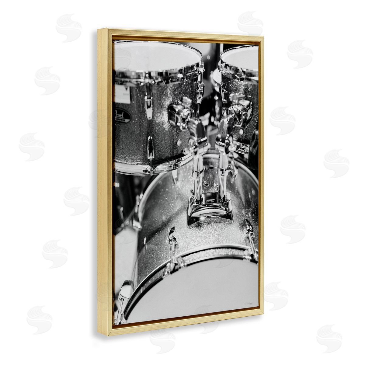 Drum Set Black & White Gold Floating Frame Canvas Wall Art, Home Decor by Jennifer Rigsby