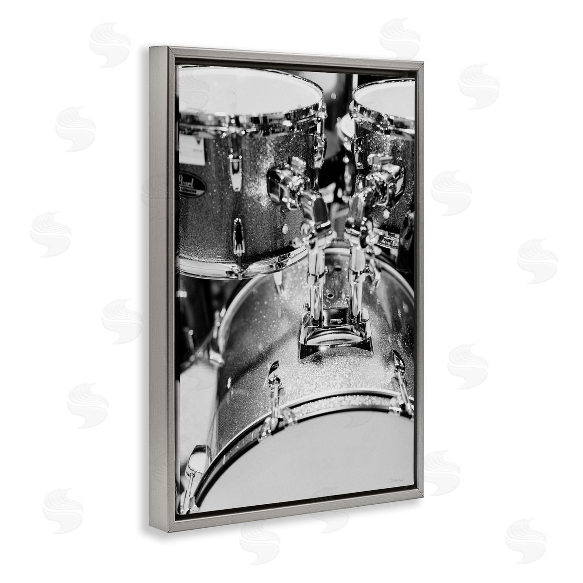 Drum Set Black & White Grey Floating Frame Canvas Wall Art, Home Decor by Jennifer Rigsby