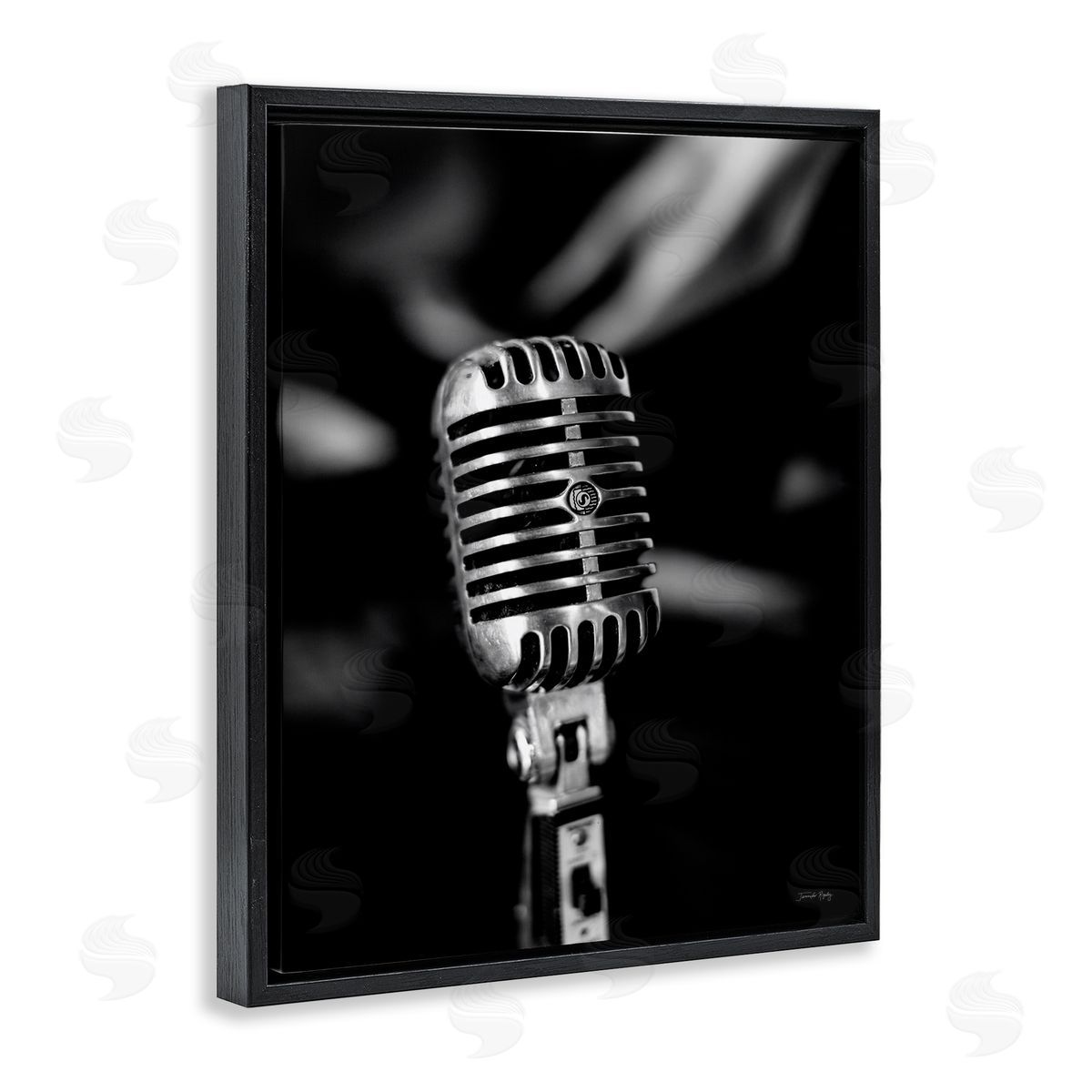 Vintage Microphone on Black Black Floating Frame Canvas Wall Art, Home Decor by Jennifer Rigsby