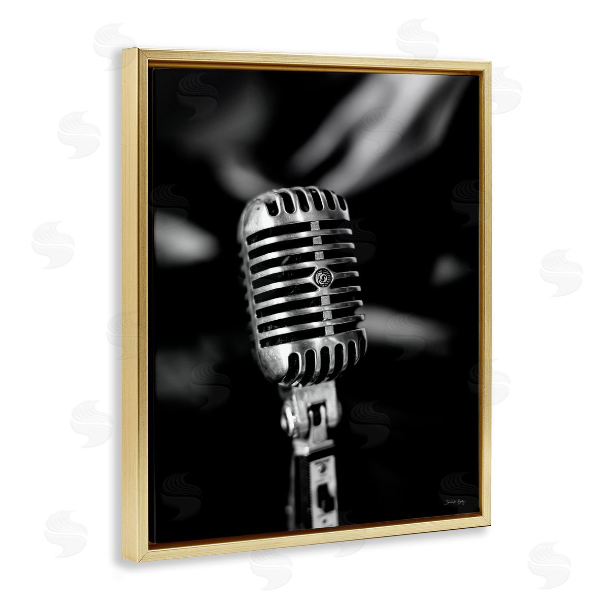 Vintage Microphone on Black Gold Floating Frame Canvas Wall Art, Home Decor by Jennifer Rigsby