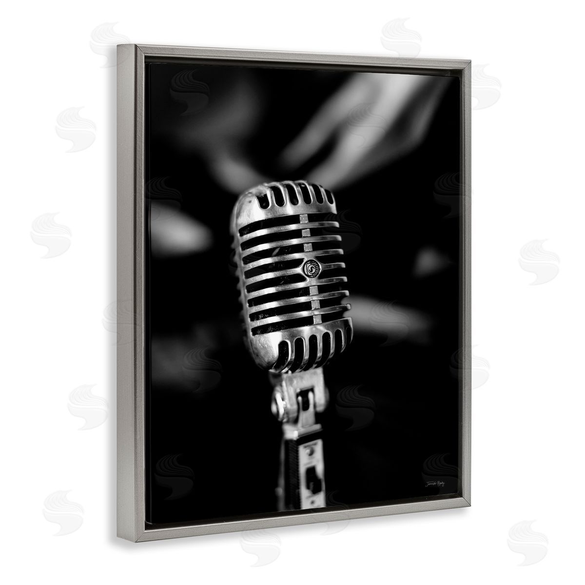 Vintage Microphone on Black Grey Floating Frame Canvas Wall Art, Home Decor by Jennifer Rigsby