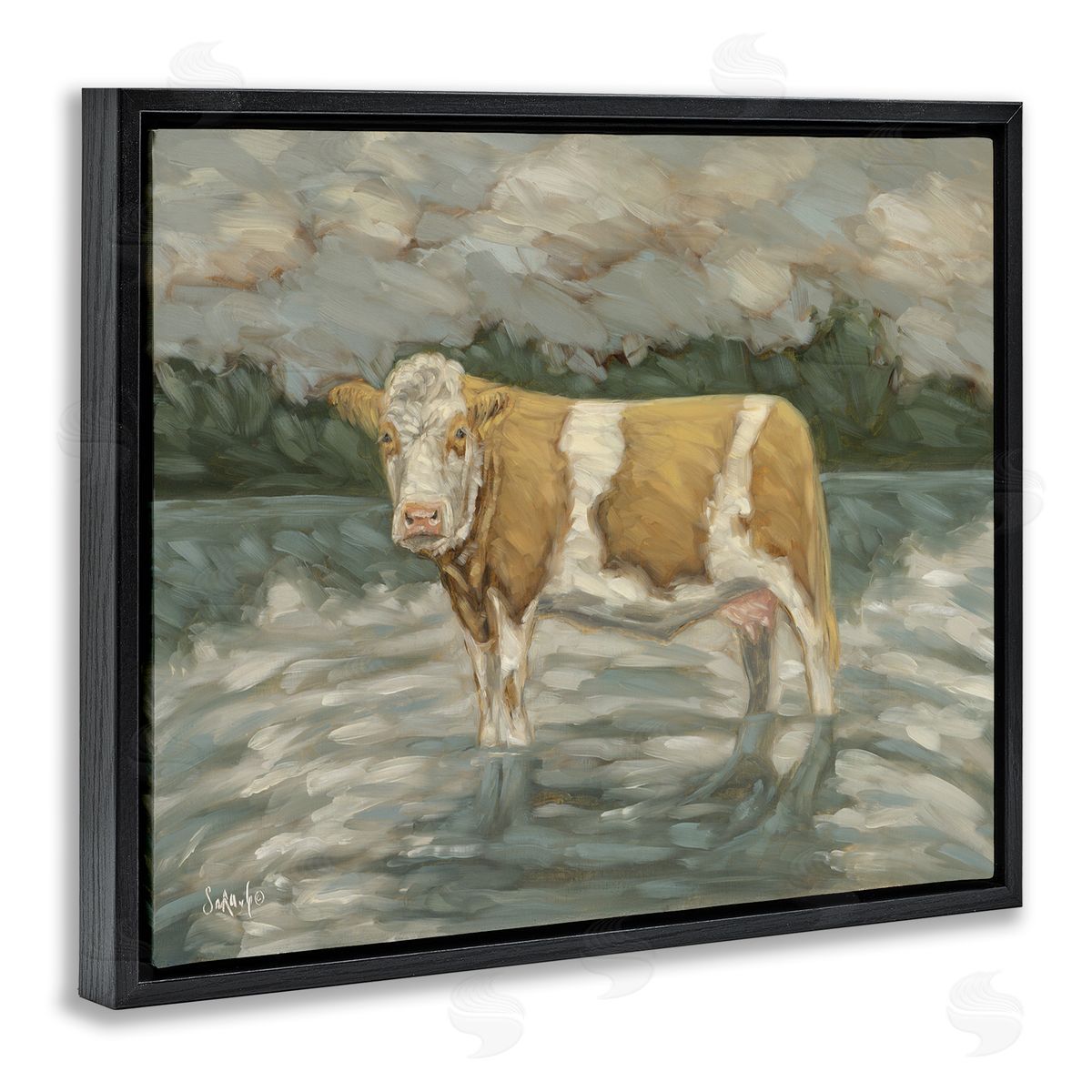 Cattle Wading in Shore Black Floating Frame Canvas Wall Art, Home Decor by Sara G. Designs