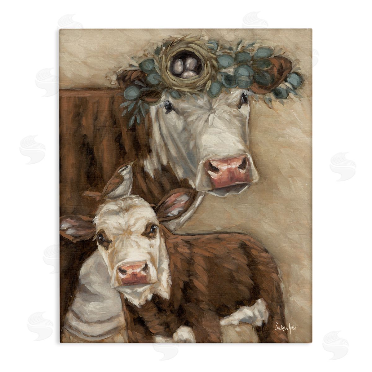 Cow & Calf with Bird Nest Canvas Wall Art, Home Decor by Sara G. Designs