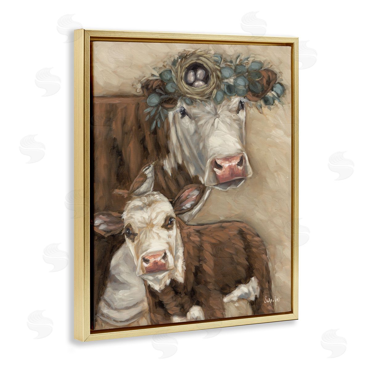 Cow & Calf with Bird Nest Gold Floating Frame Canvas Wall Art, Home Decor by Sara G. Designs