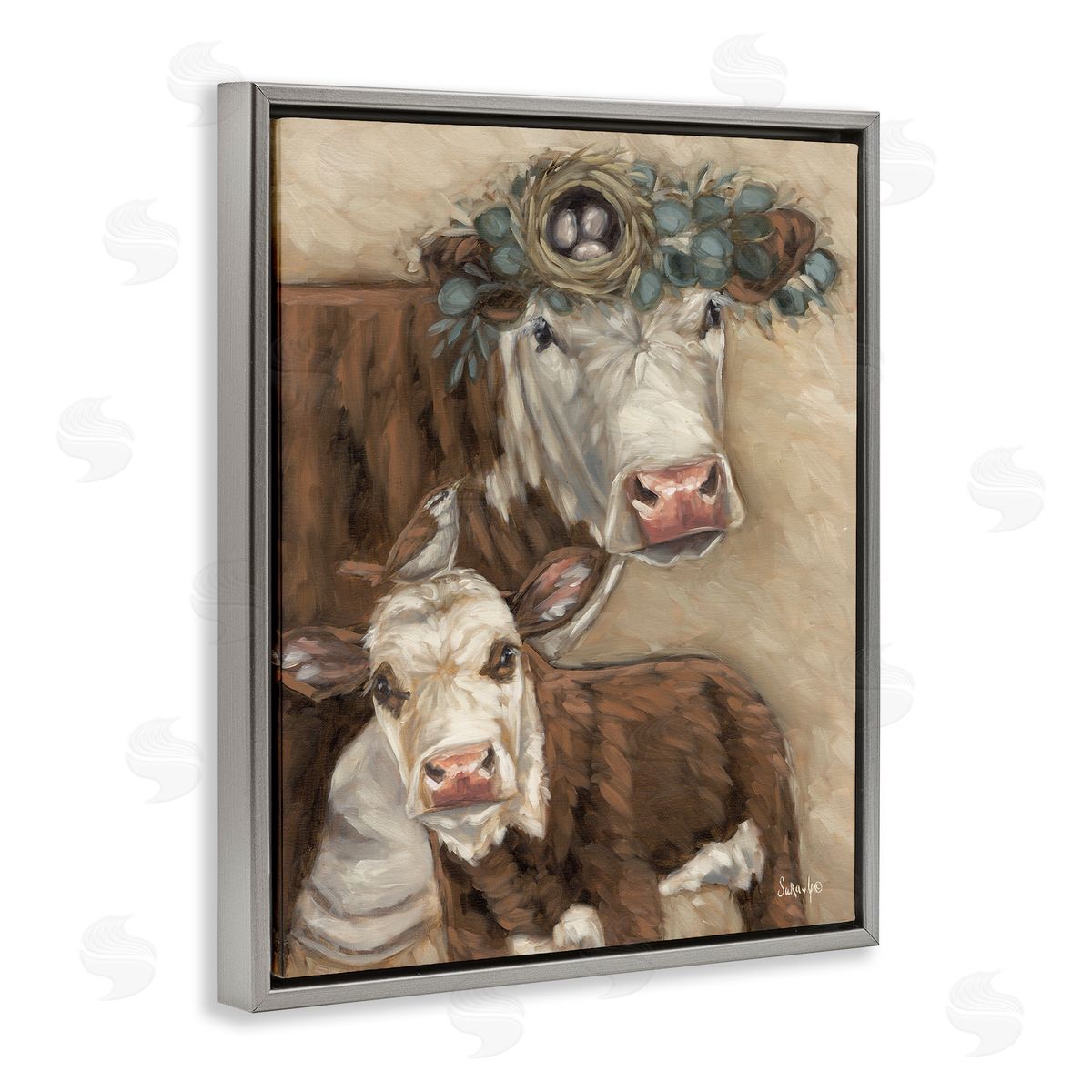 Cow & Calf with Bird Nest Grey Floating Frame Canvas Wall Art, Home Decor by Sara G. Designs