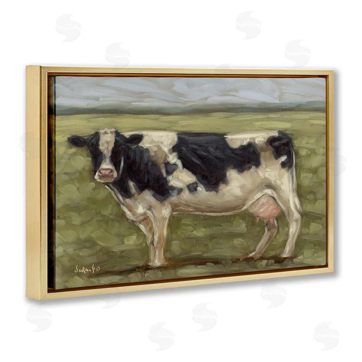 Painterly Cow on Farm Gold Floating Frame Canvas Wall Art, Home Decor by Sara G. Designs