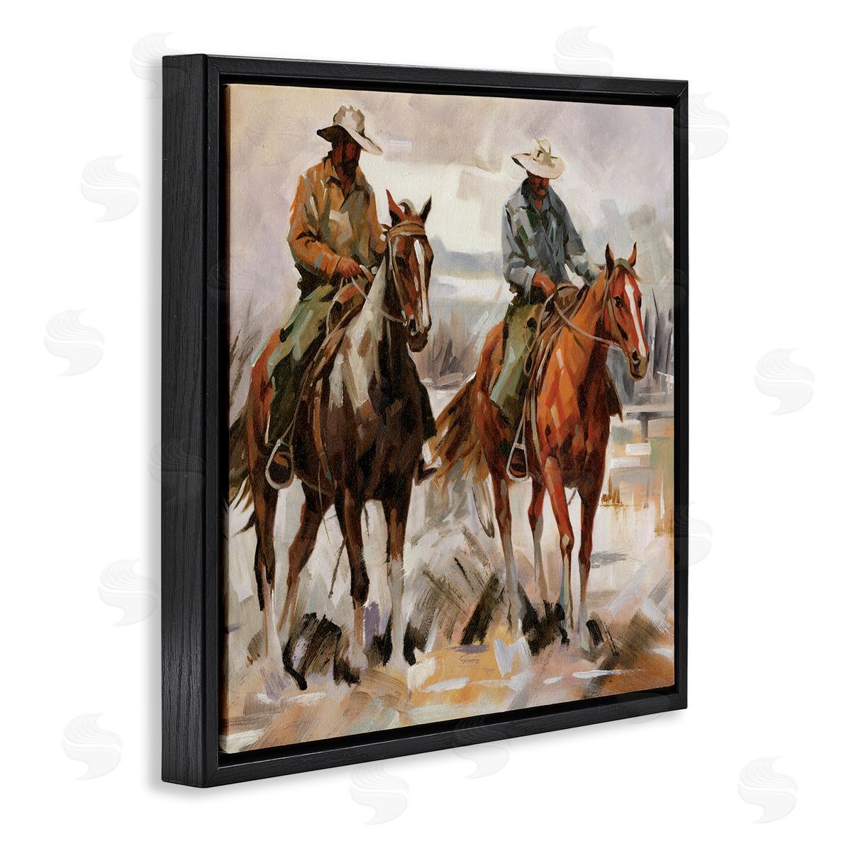 Brush Stroke Cowboys Black Floating Frame Canvas Wall Art, Home Decor by White Ladder