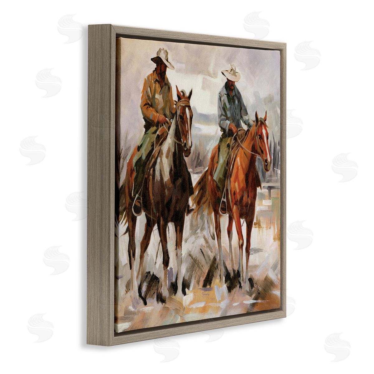 Brush Stroke Cowboys Brown Floating Frame Canvas Wall Art, Home Decor by White Ladder