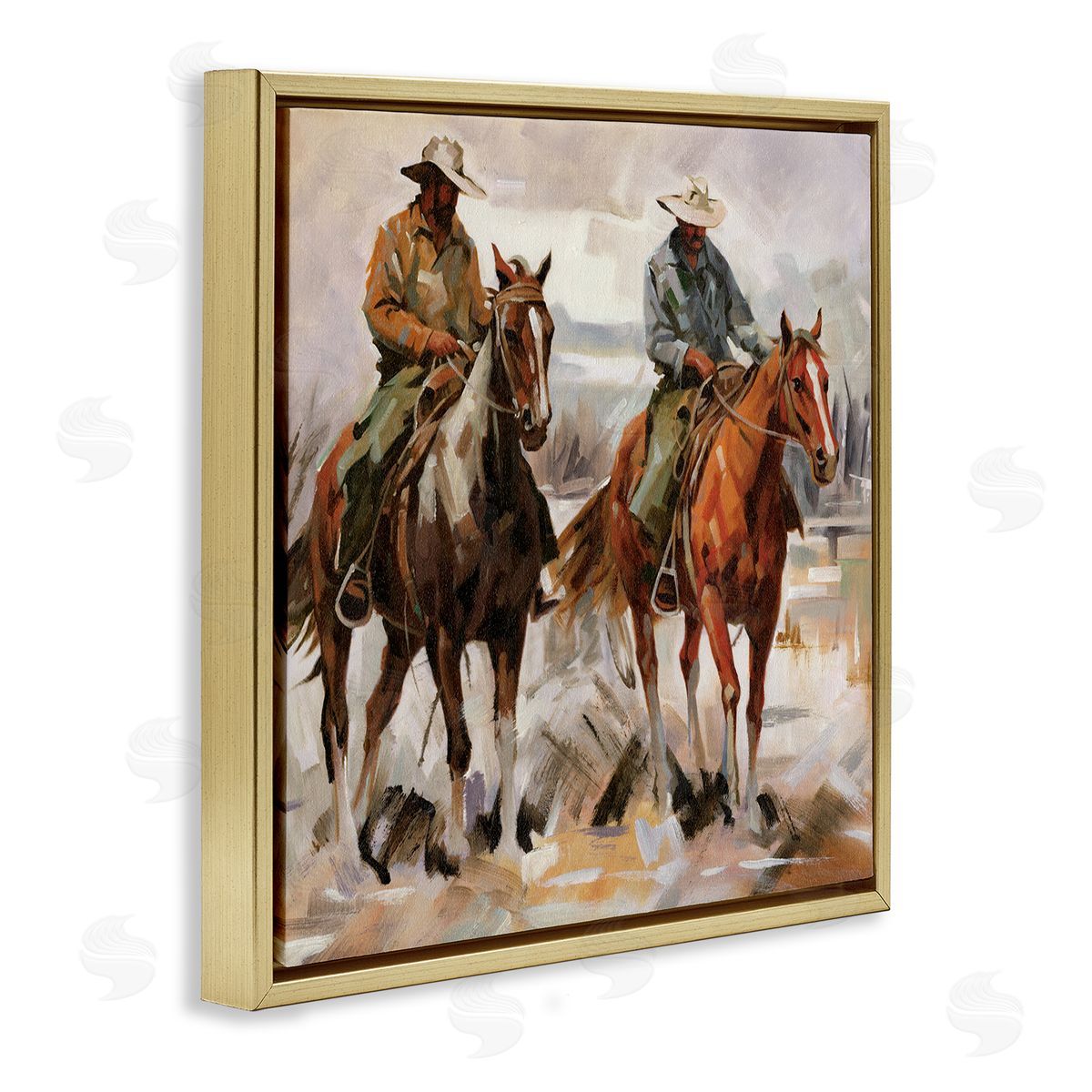 Brush Stroke Cowboys Gold Floating Frame Canvas Wall Art, Home Decor by White Ladder