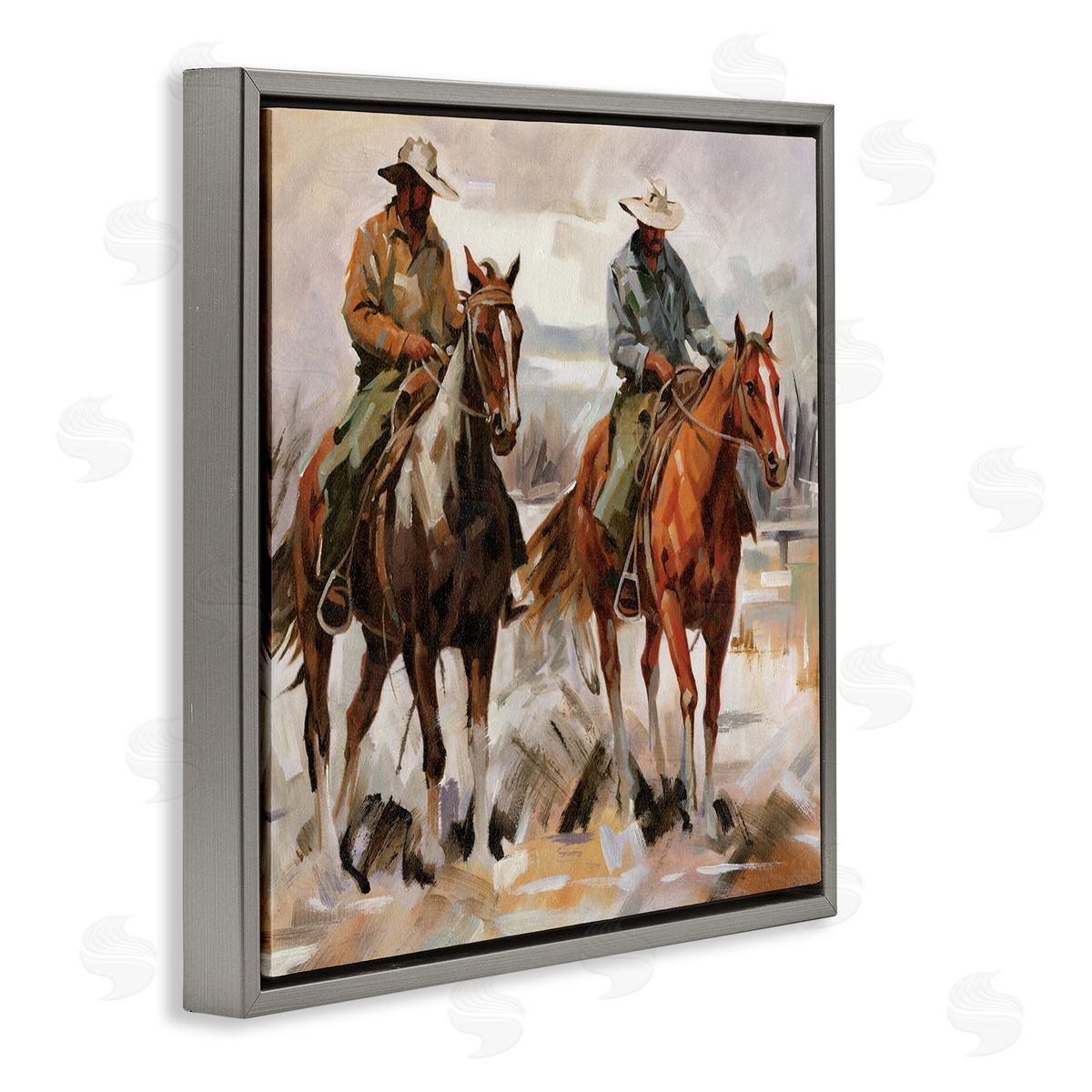 Brush Stroke Cowboys Grey Floating Frame Canvas Wall Art, Home Decor by White Ladder
