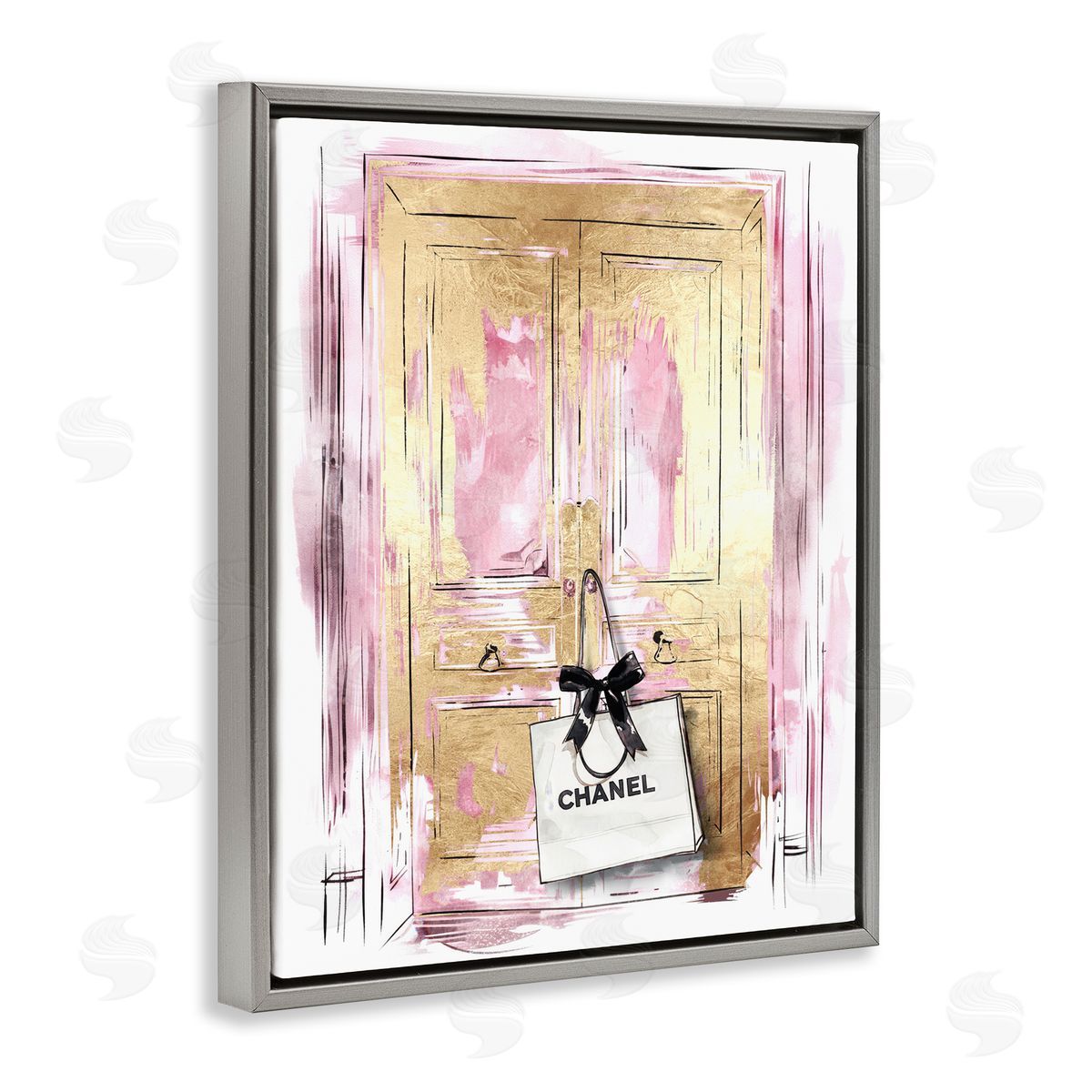 Shopping Bag on Door Grey Floating Frame Canvas Wall Art, Home Decor by Svetlana Aleynikova