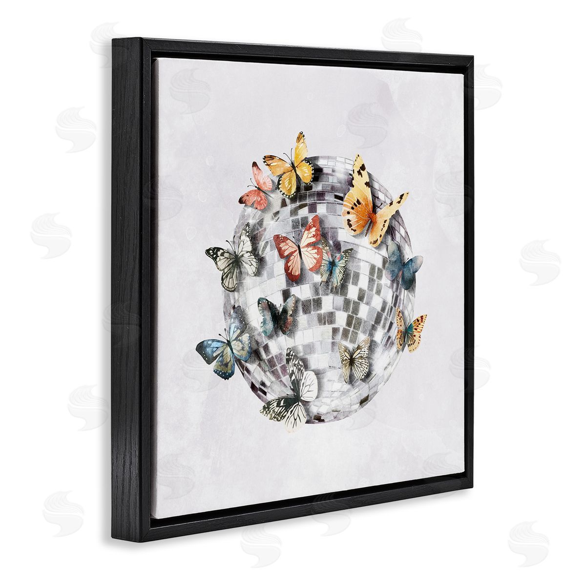 Butterflies on Disco Ball Black Floating Frame Canvas Wall Art, Home Decor by Svetlana Aleynikova