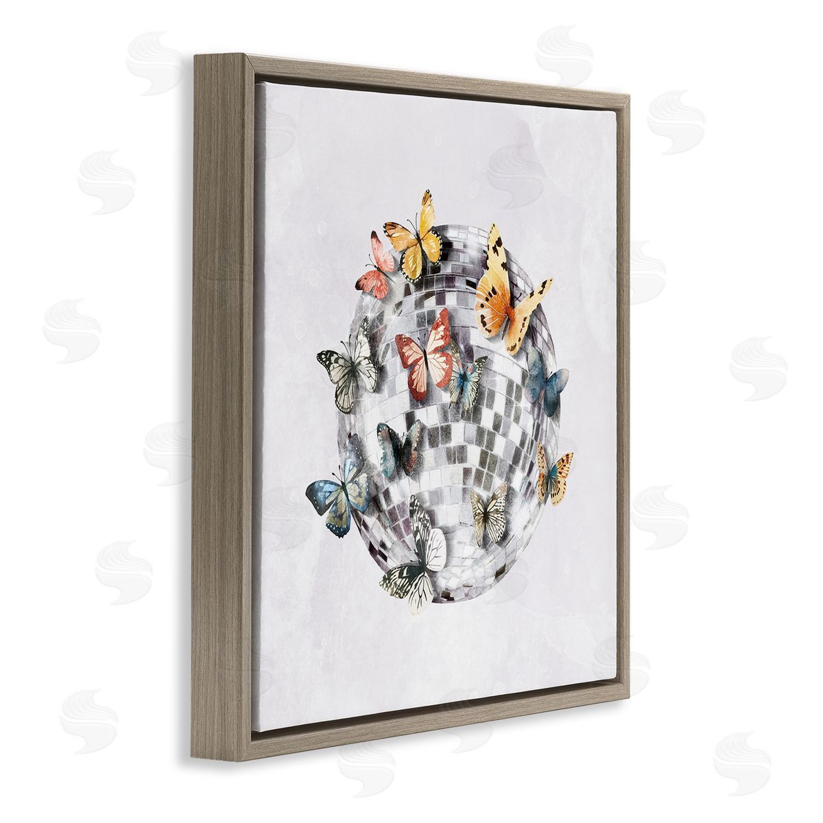 Butterflies on Disco Ball Brown Floating Frame Canvas Wall Art, Home Decor by Svetlana Aleynikova