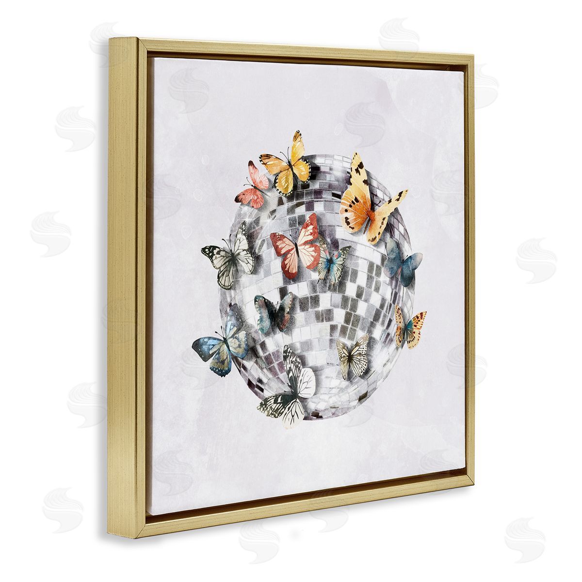Butterflies on Disco Ball Gold Floating Frame Canvas Wall Art, Home Decor by Svetlana Aleynikova