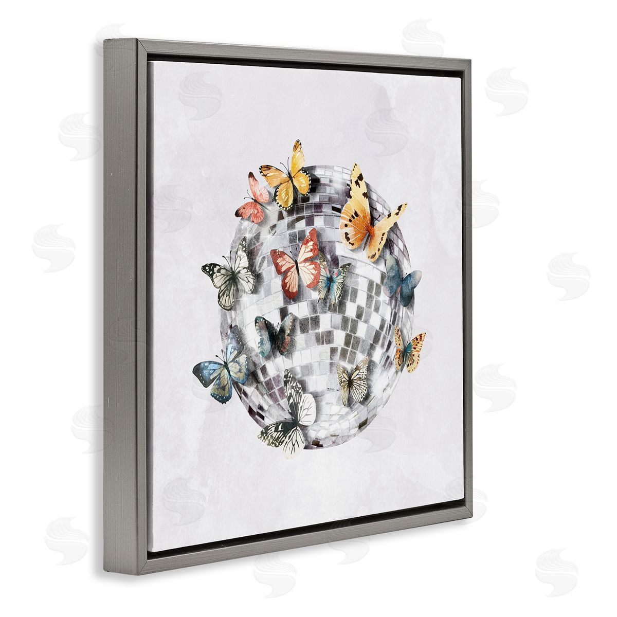 Butterflies on Disco Ball Grey Floating Frame Canvas Wall Art, Home Decor by Svetlana Aleynikova