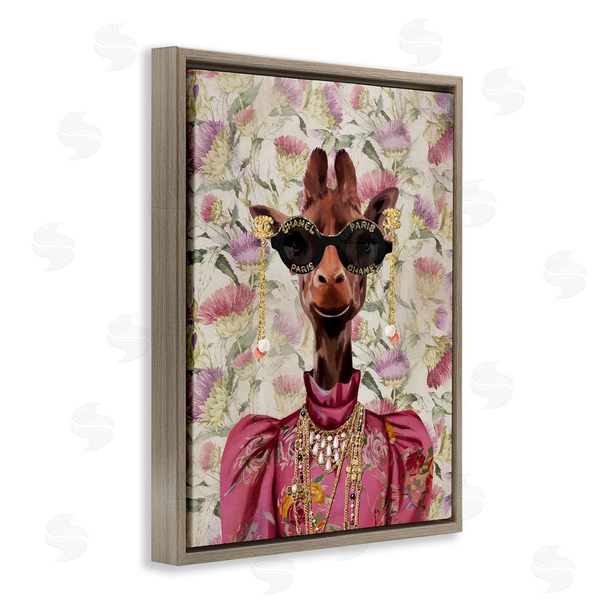 Fancy Giraffe on Florals Brown Floating Frame Canvas Wall Art, Home Decor by Svetlana Aleynikova