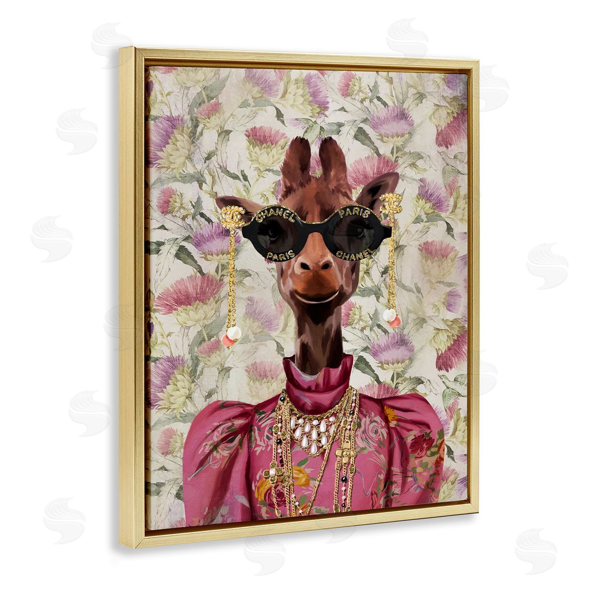Fancy Giraffe on Florals Gold Floating Frame Canvas Wall Art, Home Decor by Svetlana Aleynikova
