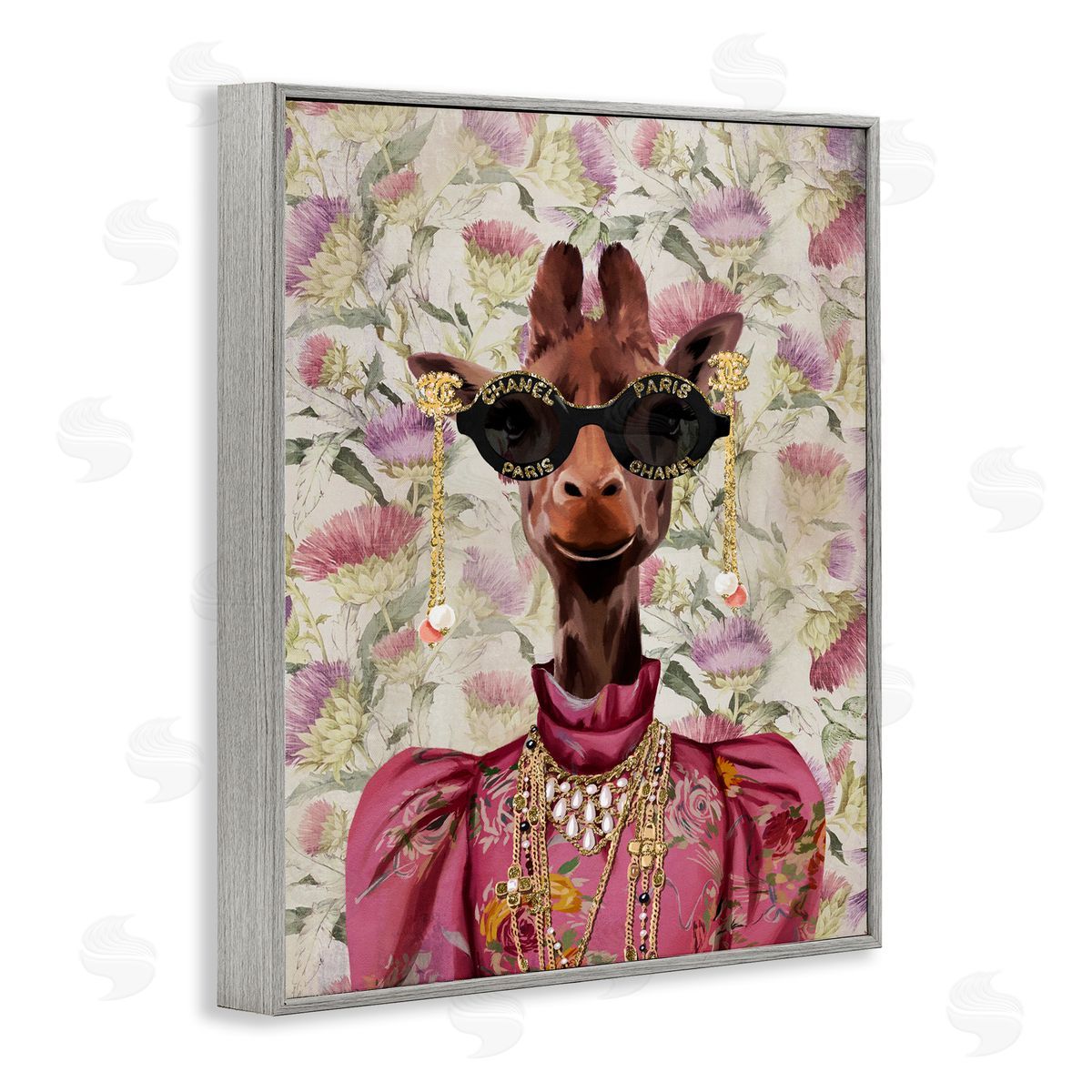 Fancy Giraffe on Florals Grey Frame Print Wall Art, Home Decor by Svetlana Aleynikova