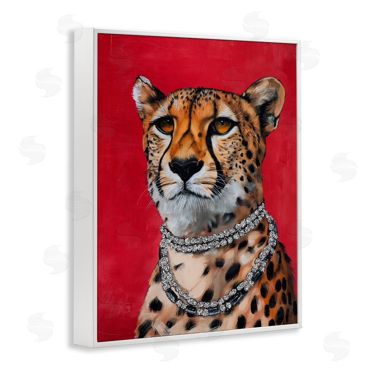 Leopard Royalty with Necklace White Frame Print Wall Art, Home Decor by Svetlana Aleynikova
