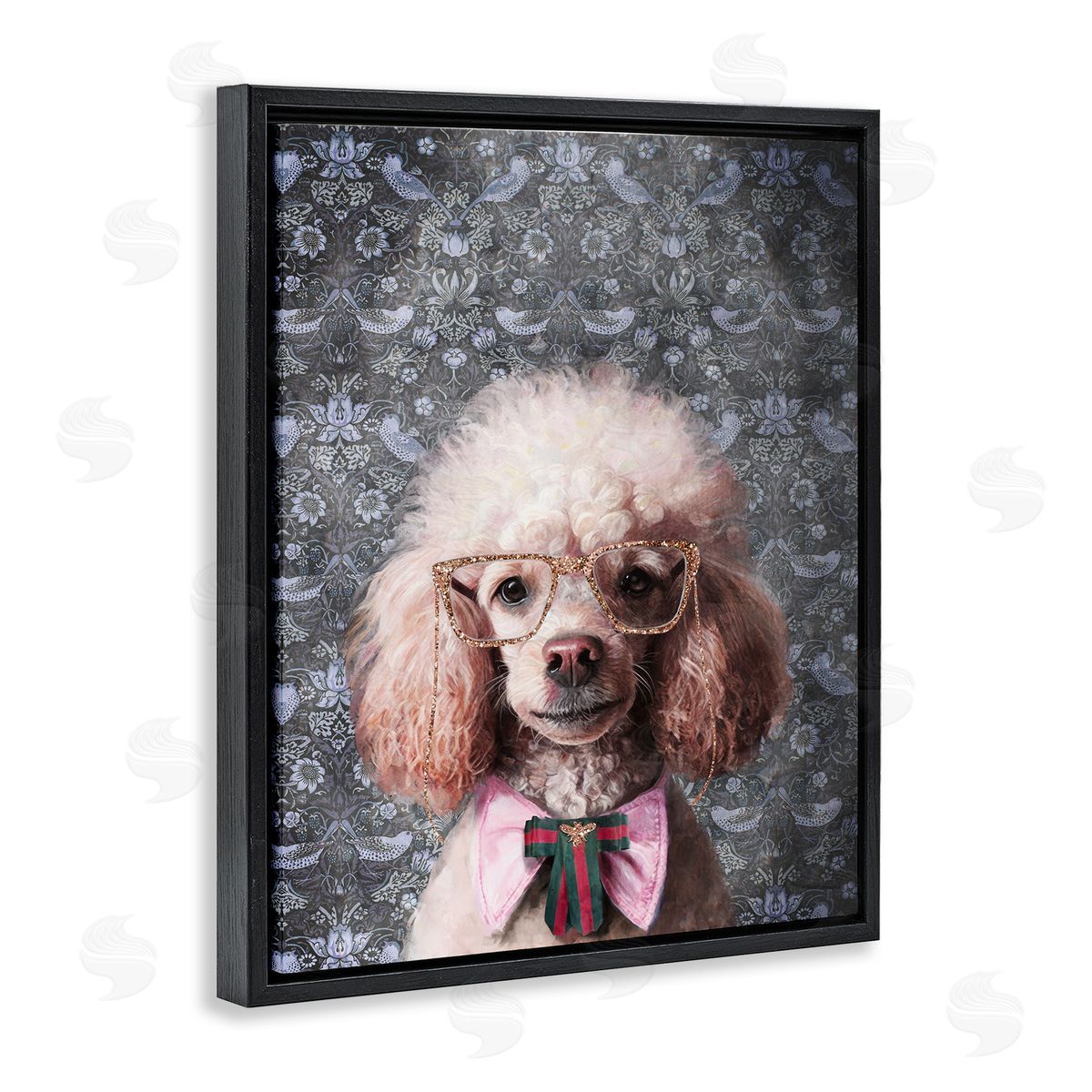 Glam Poodle on Florals Black Floating Frame Canvas Wall Art, Home Decor by Svetlana Aleynikova