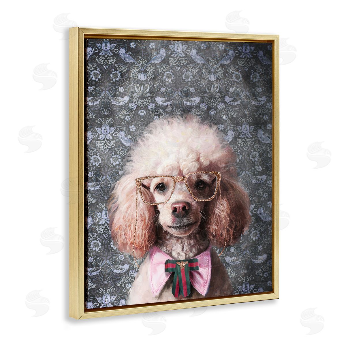 Glam Poodle on Florals Gold Floating Frame Canvas Wall Art, Home Decor by Svetlana Aleynikova