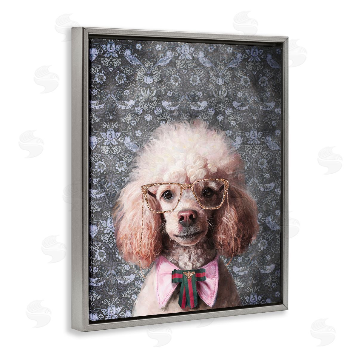 Glam Poodle on Florals Grey Floating Frame Canvas Wall Art, Home Decor by Svetlana Aleynikova