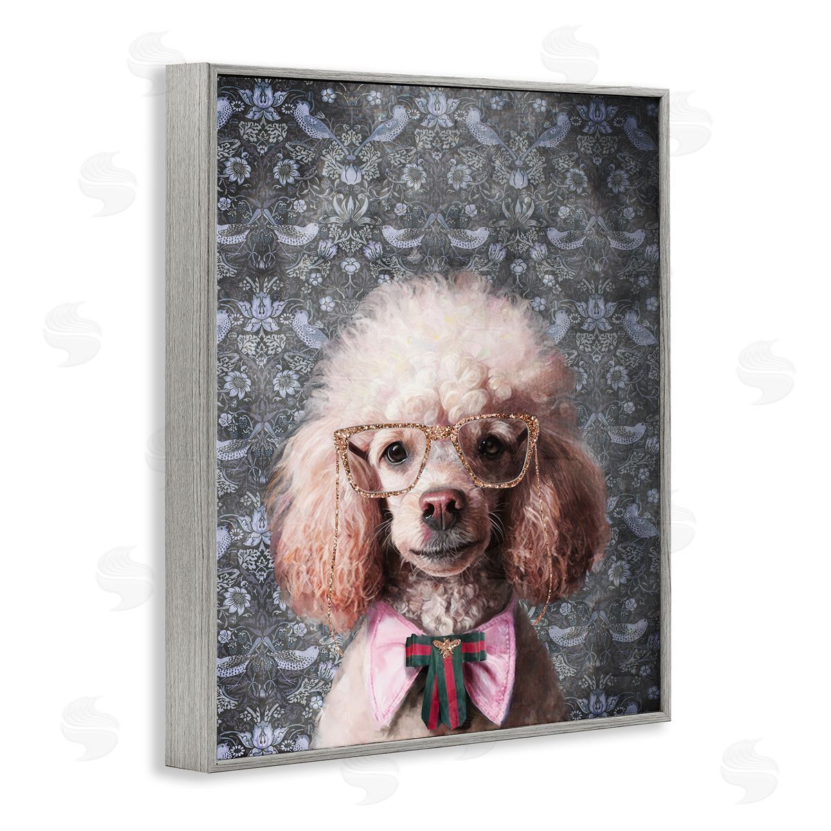 Glam Poodle on Florals Grey Frame Print Wall Art, Home Decor by Svetlana Aleynikova