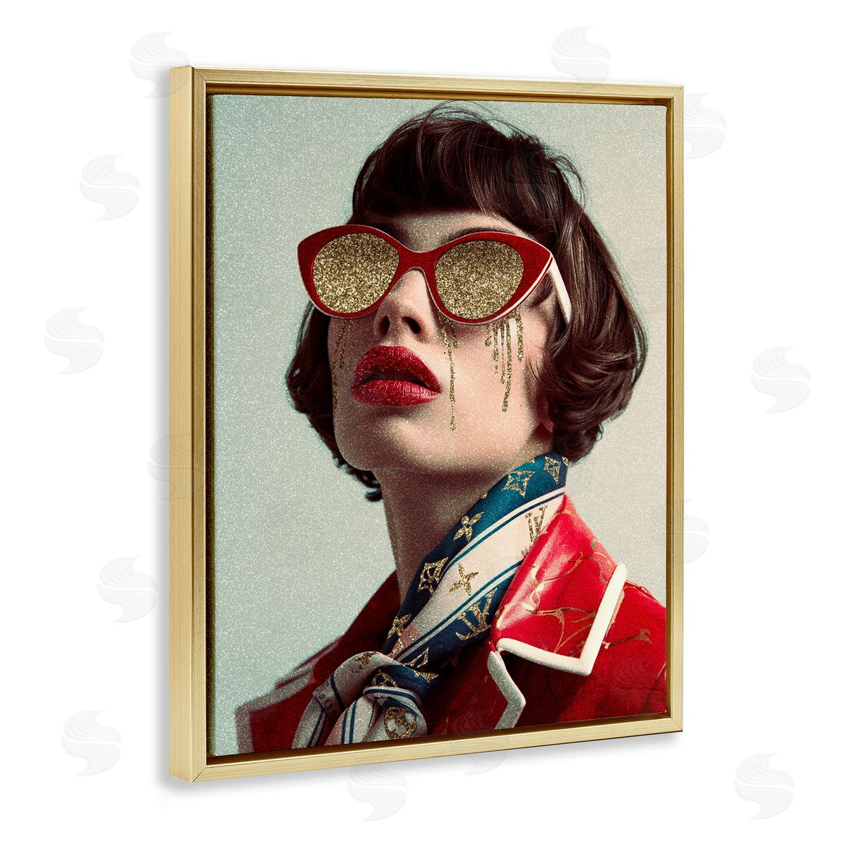 Retro Woman with Glam Tears Gold Floating Frame Canvas Wall Art, Home Decor by Svetlana Aleynikova