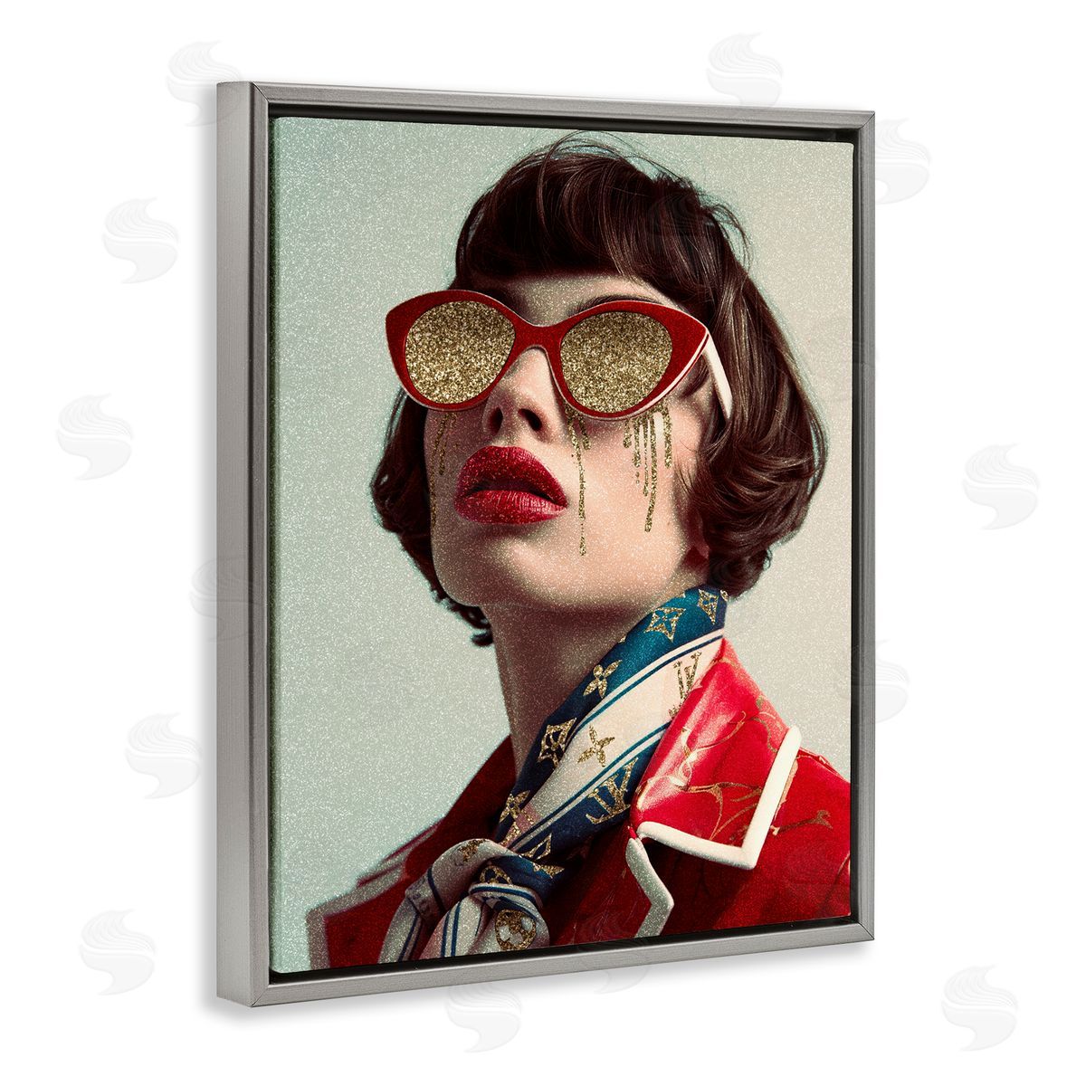 Retro Woman with Glam Tears Grey Floating Frame Canvas Wall Art, Home Decor by Svetlana Aleynikova