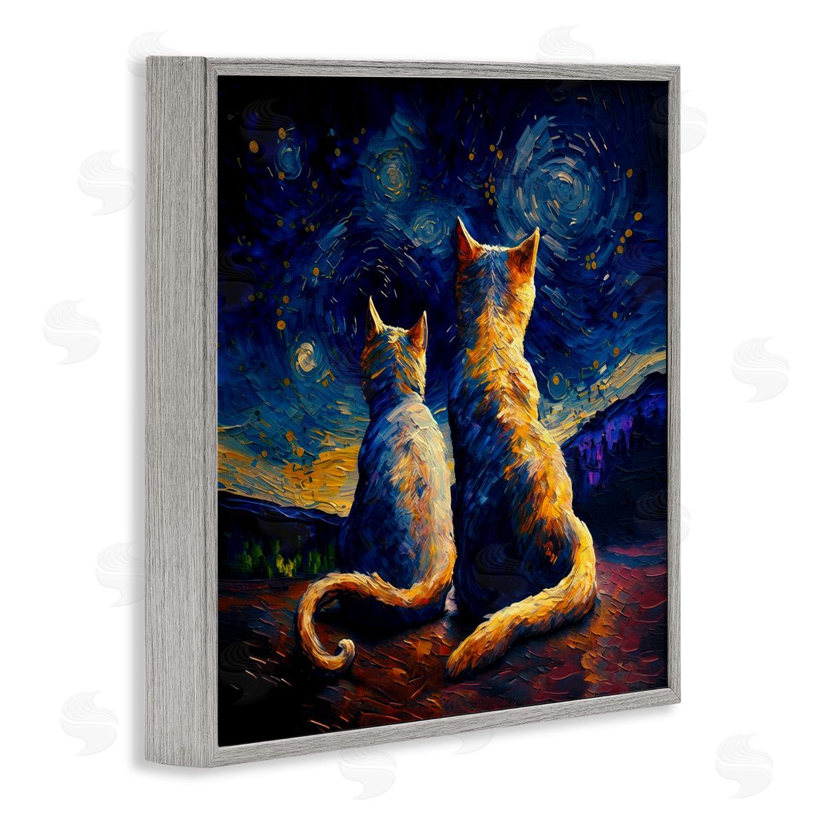 Swirled Night Sky Cats Grey Frame Print Wall Art, Home Decor by Svetlana Aleynikova