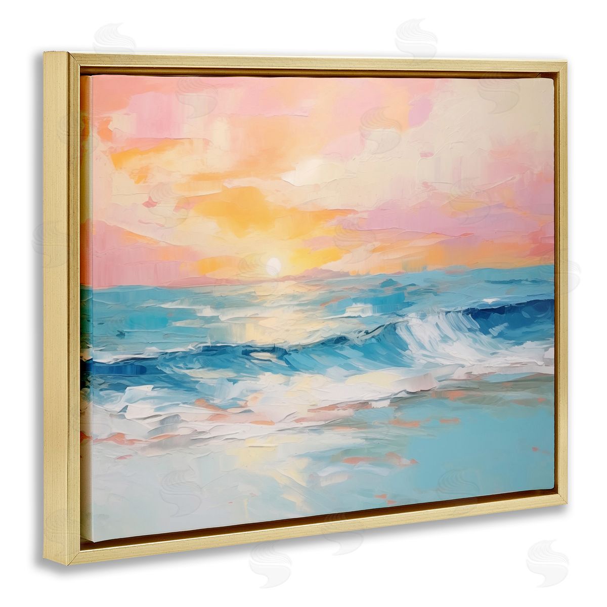 Beach Waves Bright Sunset Gold Floating Frame Canvas Wall Art, Home Decor by Arlington Prints