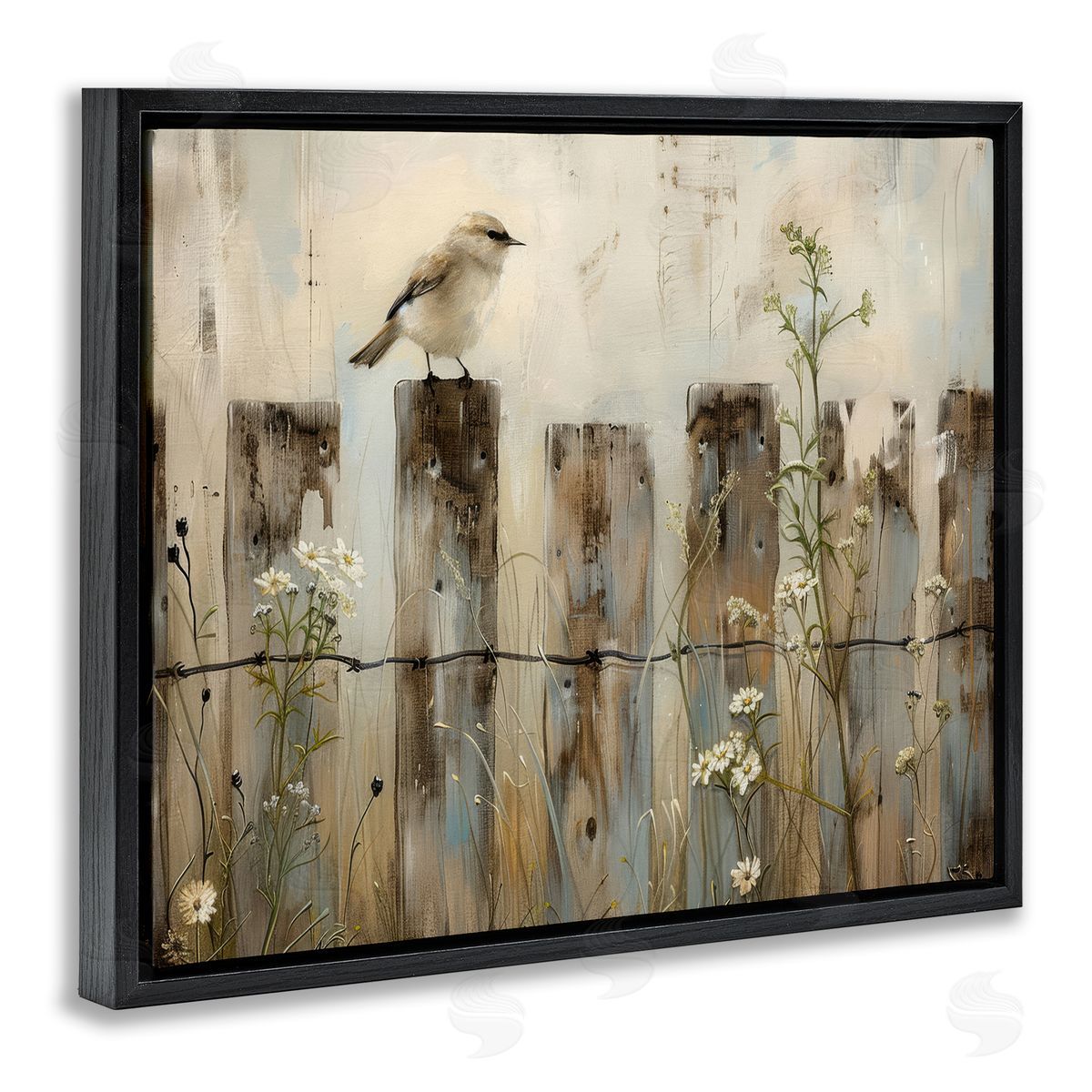 Fence Perched Country Bird Black Floating Frame Canvas Wall Art, Home Decor by Arlington Prints