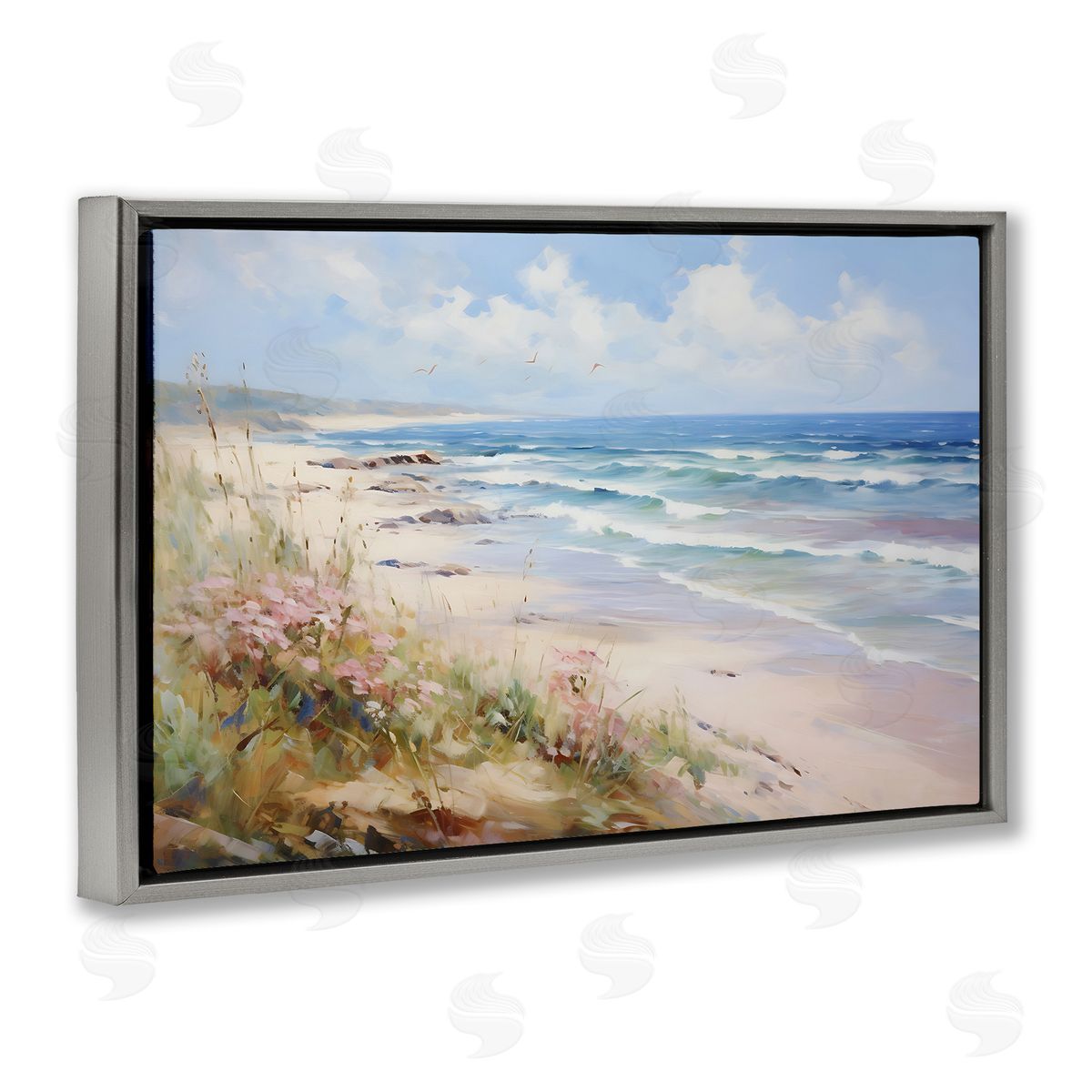 Summer Coastal Waves Grey Floating Frame Canvas Wall Art, Home Decor by Franklyn Gregory