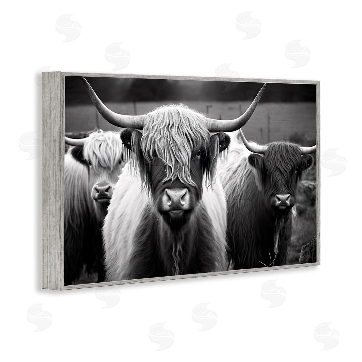 Black & White Highland Cows Grey Frame Print Wall Art, Home Decor by Franklyn Gregory