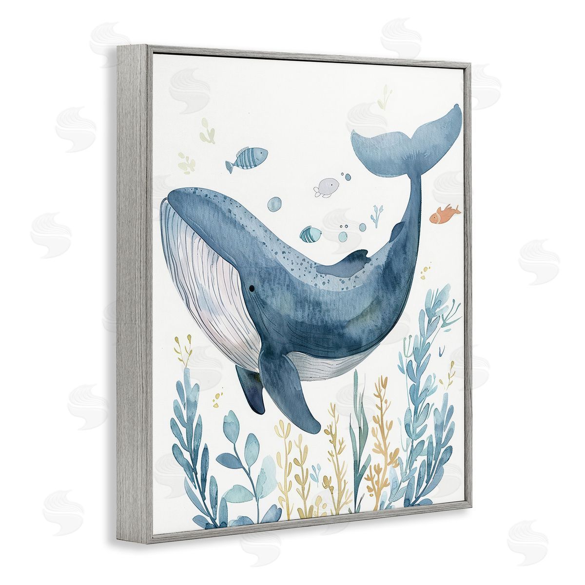 Curved Blue Whale Grey Frame Print Wall Art, Home Decor by Franklyn Gregory