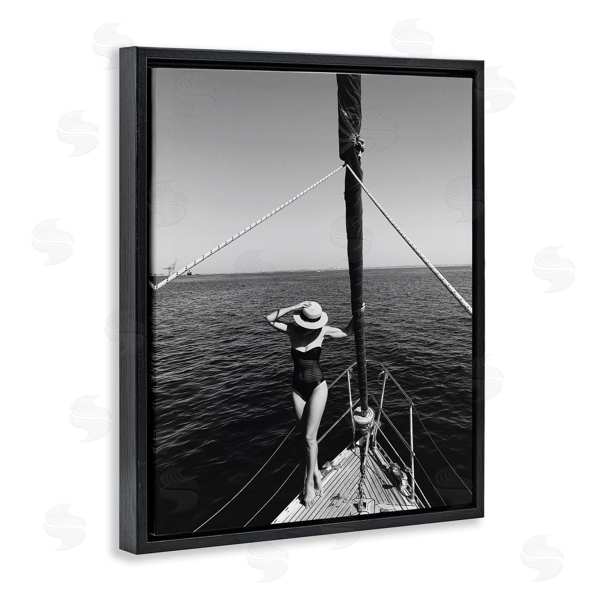 Woman Posing on Boat Black Floating Frame Canvas Wall Art, Home Decor by LSR Design Studio