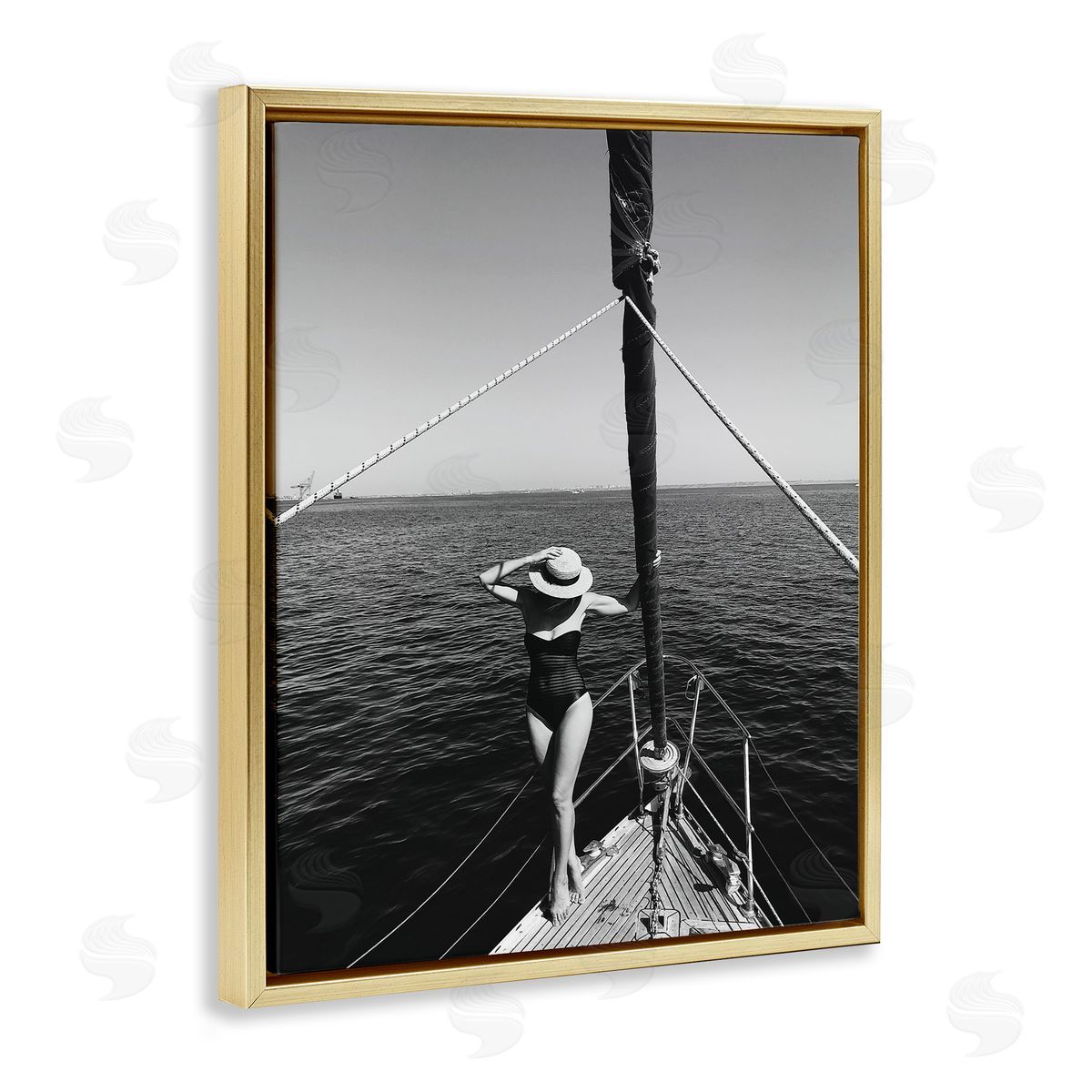 Woman Posing on Boat Gold Floating Frame Canvas Wall Art, Home Decor by LSR Design Studio