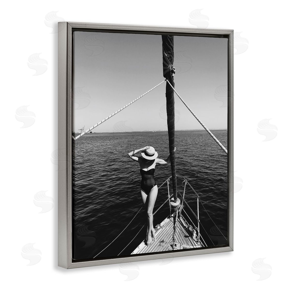 Woman Posing on Boat Grey Floating Frame Canvas Wall Art, Home Decor by LSR Design Studio