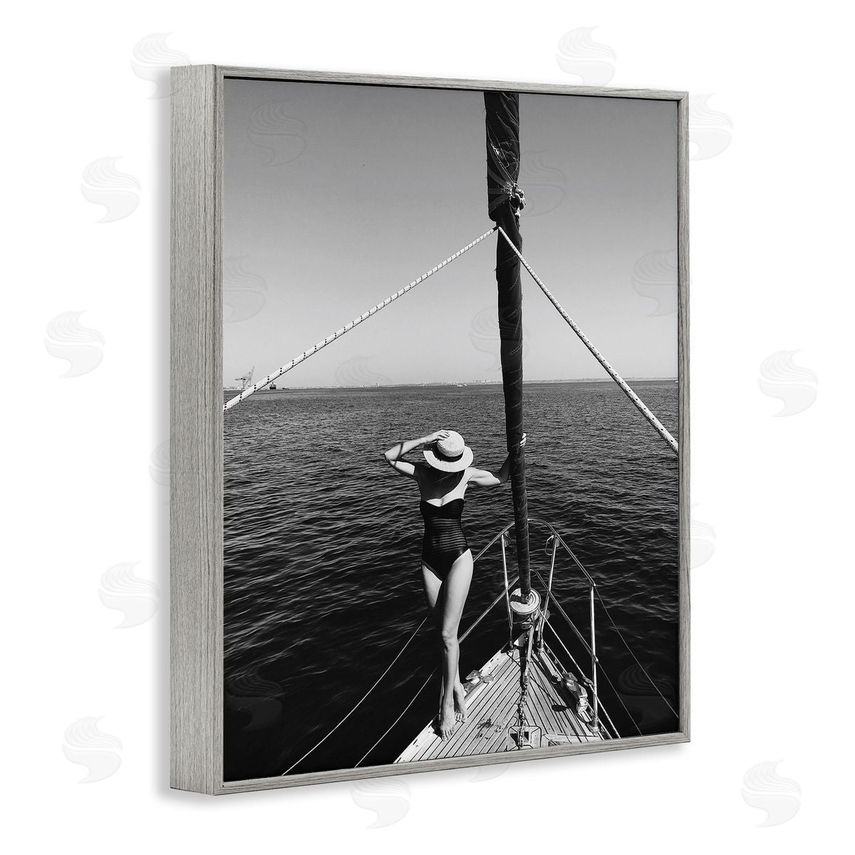 Woman Posing on Boat Grey Frame Print Wall Art, Home Decor by LSR Design Studio